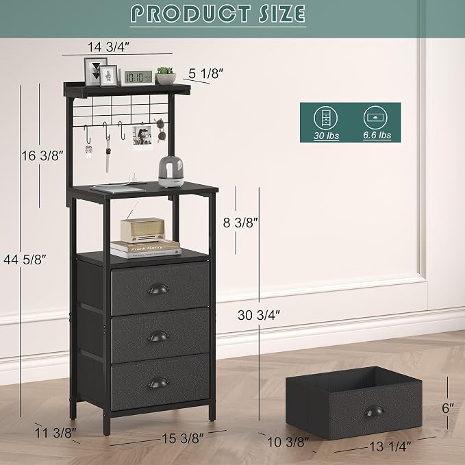 sthmec Bedside Tables Tall Nightstands with Charging Station, LED Bedside Table for Bedroom - 3 PU Fabric Drawers, Hooks, Black