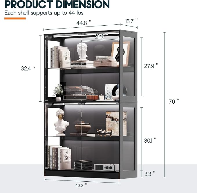 AMERLIFE 45-Inch RGB Display Cabinet with Glass Doors | 70 H x 45 W x 16 D In, 4-Tier Storage, Adjustable Glass Shelves, RGB LED Lights, Press-to-Open Doors, Black