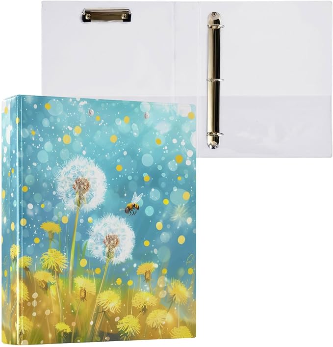 3 Ring Binder, Dandelion Bee Flower Theme File Folder Holds 200 Sheets File Storage for Women Men School Office Supplie