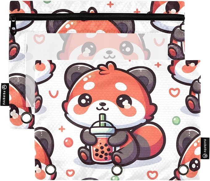 Cute Red Panda Bubbles Pencil Pouch for 3 Ring Binder, 2 Pack Waterproof Pencil Bags Clear Window Pencil Case Zipper School Office Supplies