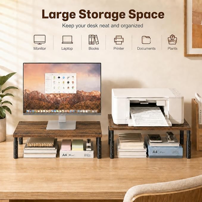 Adjustable Monitor Stand Riser for Desk, Wood Computer & Laptop Stand, Desk Organizers and Accessories, Office Desk Accessories & Workspace Organizer for Home Office Supplies, Brown
