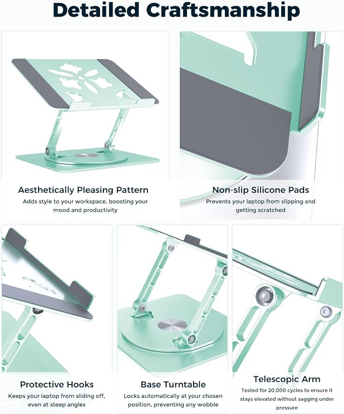 Aoviho 360° Rotating Laptop Stand for Desk | Adjustable, Foldable, Portable Aluminum Ergonomic Riser | Compatible with MacBook, Dell, HP & All Laptops 10-16 inch | Mint Green