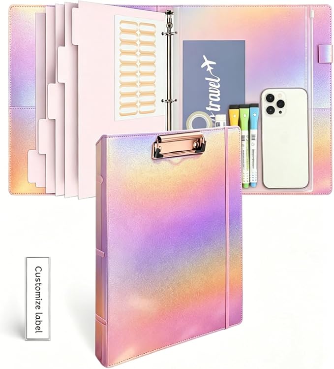 3-Ring Binder 1-inch with Clipboard, Holographic Pink Glitter Design, Including 5 Divider Pages, File Bag and Spine Label - Perfect for Schools, Offices and Organizations
