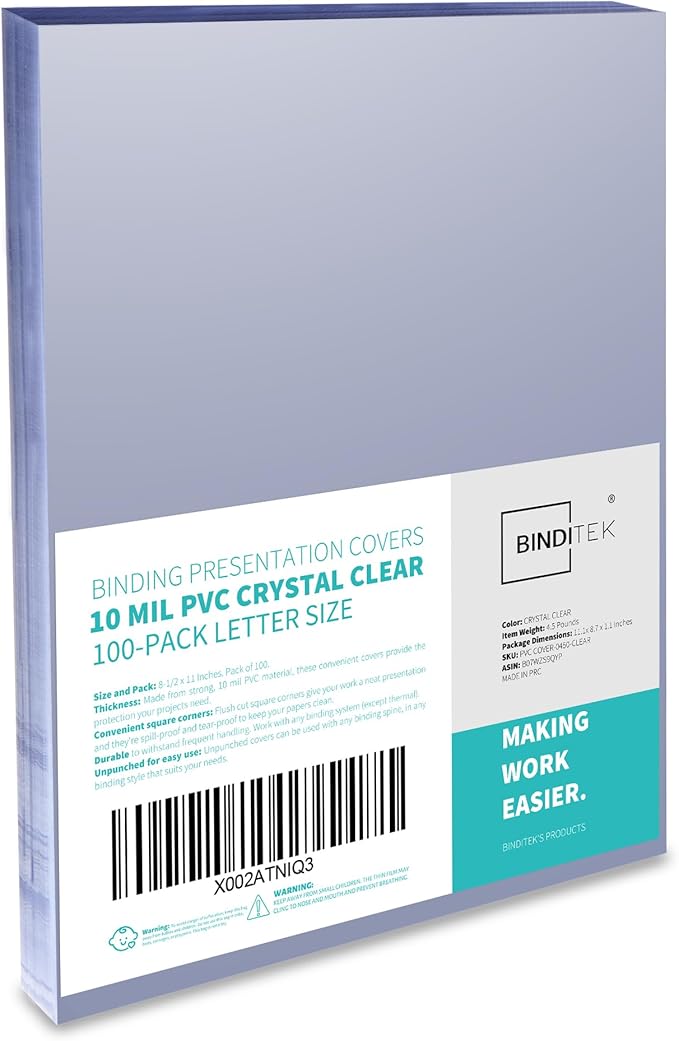 Binditek 10 Mil PVC Binding Covers, 8.5 x 11 Inches, Clear, 100 Pack | Plastic Binding Covers, 8.5" x 11" Letter Size, Clear, Square Corners, Unpunched, Ideal for Business Reports and Proposals