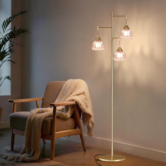 Shenmoyl Stepless Dimming Floor Lamps for Living Room, Bedroom, Gold Standing Lamp with 3pcs 6W Bulbs, Vintage Brass Floor Lamp for Corner, Nursery (Pink Tulip)