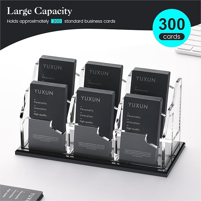 YUXUN Business Card Holder for Desk Vertical 2 Tier 6 Slot ,Black Acrylic Business Card Display Stand for Men & Women,Desktop Business Card Organizer for Office Home Exhibition, 300 Card Capacity