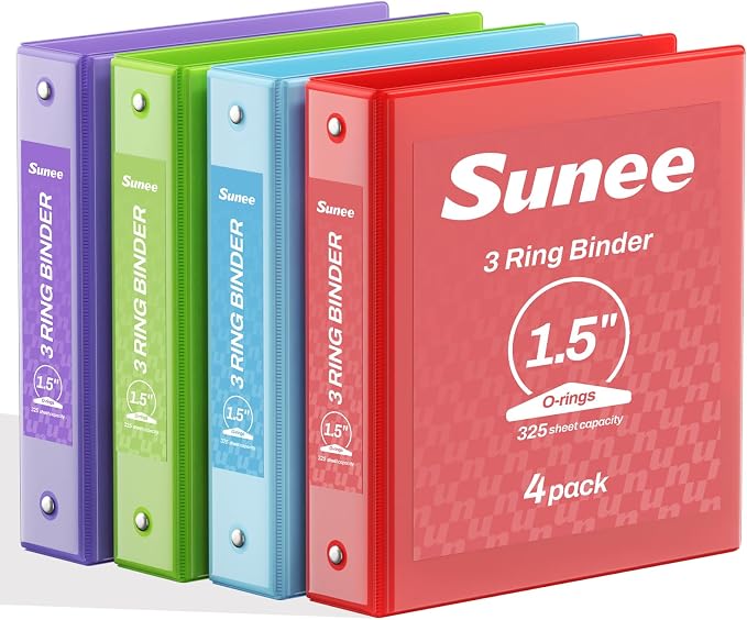 SUNEE 1.5 Inch Binders 3 Ring 4 Pack, 1 1/2 Inch Classic 4-Color Binder Set (8.5x11 Inches) for Office, School or Home Supplies