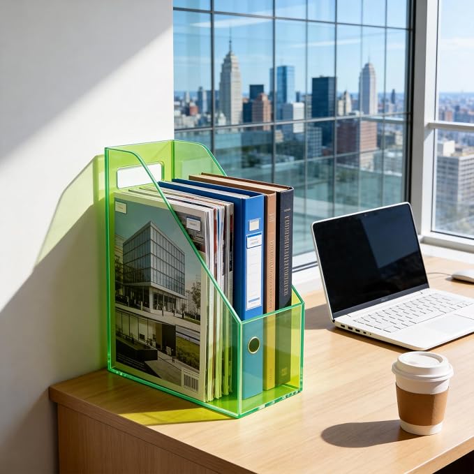 Acrylic Magazine Rack Desk File Holder Organizer for Office Desktop Vertical Magazine Storage Box, 12 x 10 x 5'', Neon Gren