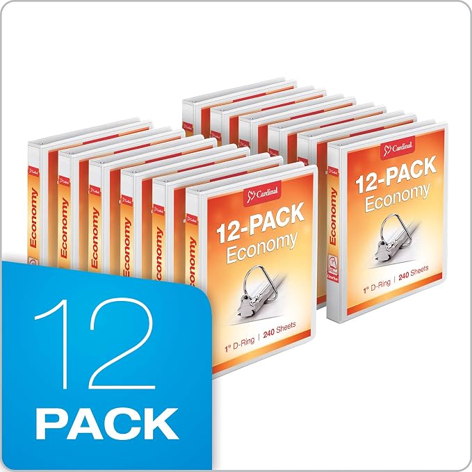 Cardinal Economy 3-Ring Binders, 1", Slant-D Rings, Holds 240 Sheets, ClearVue Presentation View, Non-Stick, White, Case of 12 (90741)