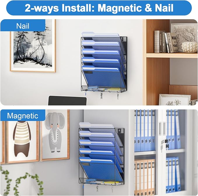 OUTWOLF Magnetic File Holder, 6-Tier Magnetic Wall Hanging File Organizer, Paper Folder Mail Organizer for Office, File Cabinets, Whiteboard, Fridge