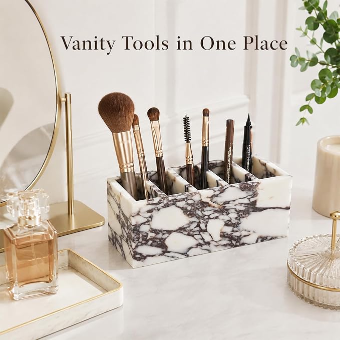 5-Compartment Marble Desk Organizer, 9.84 in | Natural marble 5-section organizer for pens, makeup brushes, cotton swabs, lipsticks, and slim daily items.