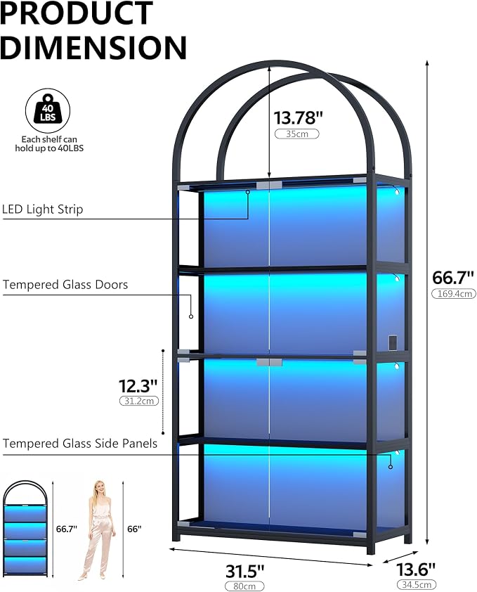 Display Arched Cabinet with Glass Doors, Curio Cabinet for Labubu Display 5-Tier Display Case with 7 Color RGB Lights for Collectibles, Display Cases for Book/Medal/Figure