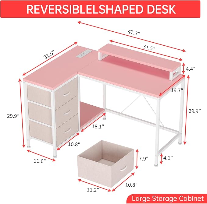 Hetoy L-Shaped Gaming Desk with Power Outlets, Corner Desk with Drawers, Shelves & LED Lights, Computer Desk for Home & Office