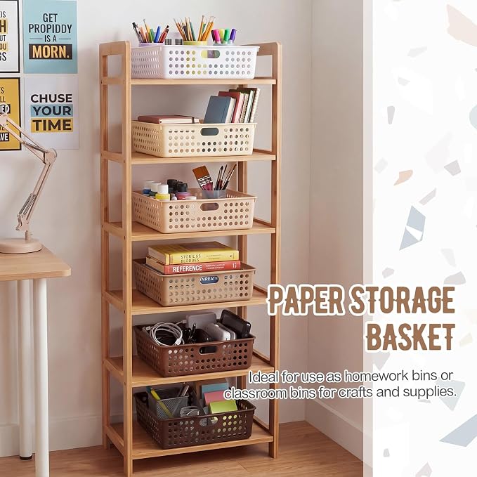 Geetery 6 Pack Classroom Storage Baskets with Handle,Gradient Brown | 14''x10'' Paper Tray Holds A4 Turn in Trays Plastic Paper Baskets Desk Organizer Bin for Classroom, Library, Office, Home