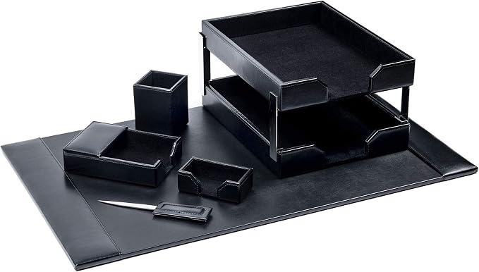 DACASSO Bonded Leather Desk Set - Luxury Leather Desk Pad & Desk Organization Essentials - Office Organization & Executive Desk Decor - (Black, 8 Piece)