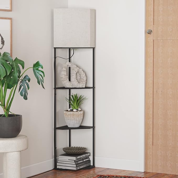 SUNMORY Sector Corner Shelf Lamp 3 Color Temperatures LED Bulb,Corner Lamps with Linen Lampshade, Floor Lamps for Living Room, Bedroom, Study, Black Standing Lamp with Shelves | 3 CCT LED Bulb Include, 4-Tier Display Bookshelf, 63" Tall Standing Lamp, ...