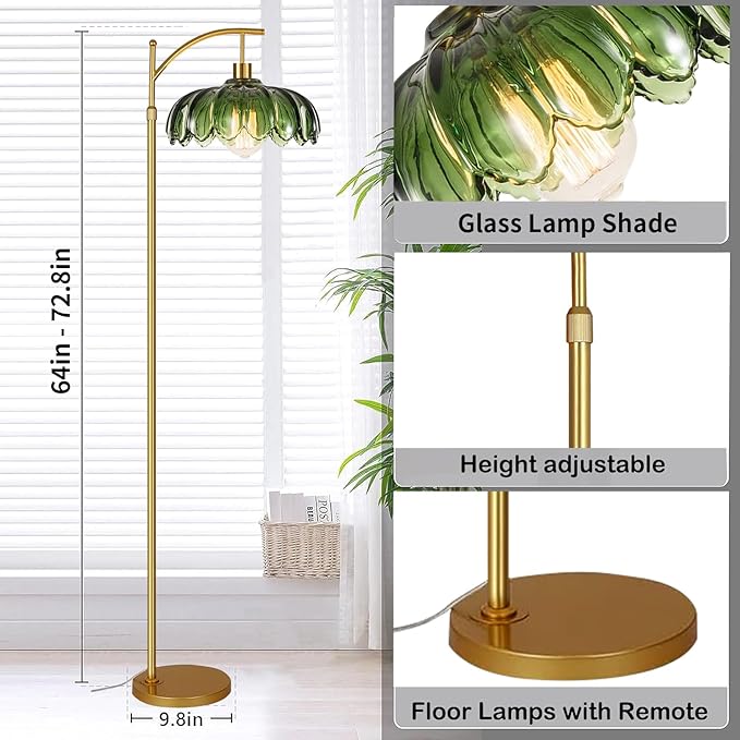 Gold Floor Lamps for Living Room,Glass Floor Lamp with Remote Control & Green Lampshade,Arc Flower Lamp Dimmable Mid Century Modern Standing Lamp Vintage Brass Tall Floor Lamp For Bedroom Corner