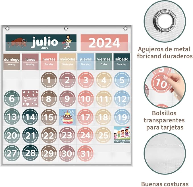 Boczif Monthly Calendar Pocket Chart for Classroom(Spanish White)