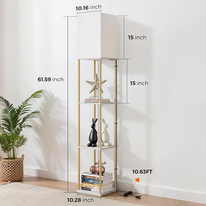 Floor Lamp with Shelves, 3-Tier Square Bookshelf Standing Lamp White & Gold | 3 Color Temperature Bulb Included, Pull Chain Mid Century Tall Lamp for Living Room Bedroom Corner Office Apartment Decor