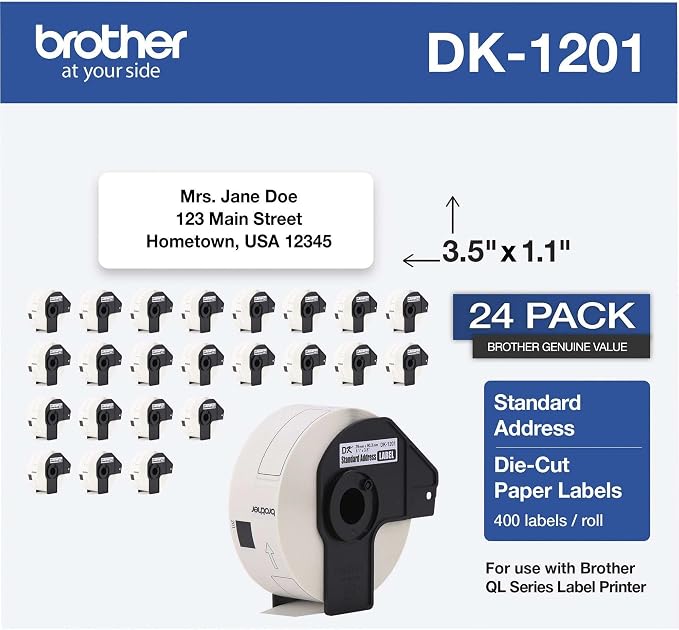 Brother Genuine DK1201 Die-Cut Standard Rolled Address Labels for QL Printers, 3-Pack (DK12013PK),White, 24 Rolls (DK120124PK)