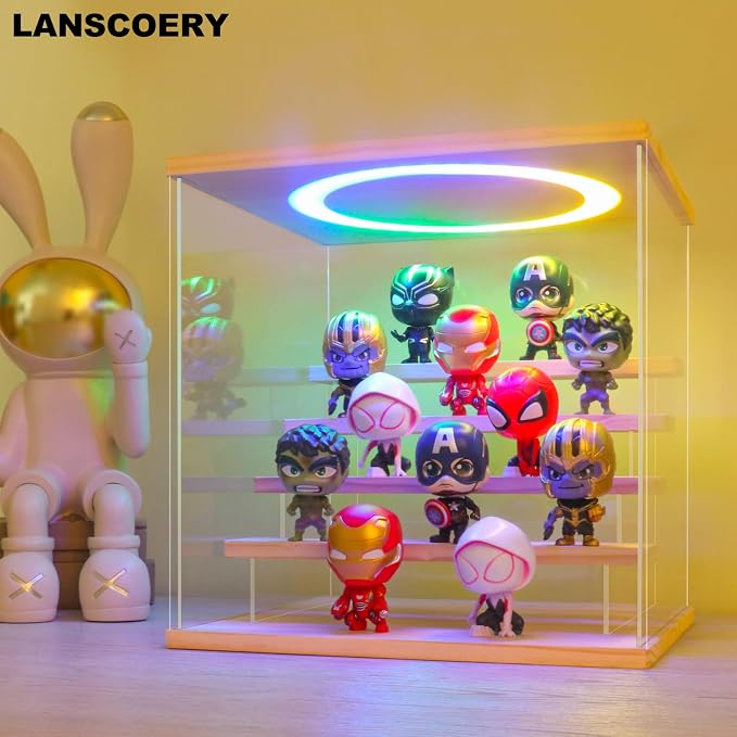 LANSCOERY Acrylic Display Case with RGBW Lights, 5 Tier Wood Finish | 11.8 x 11 x 11.8 in case displays small figures on desks or shelves with tiered rows and front access.