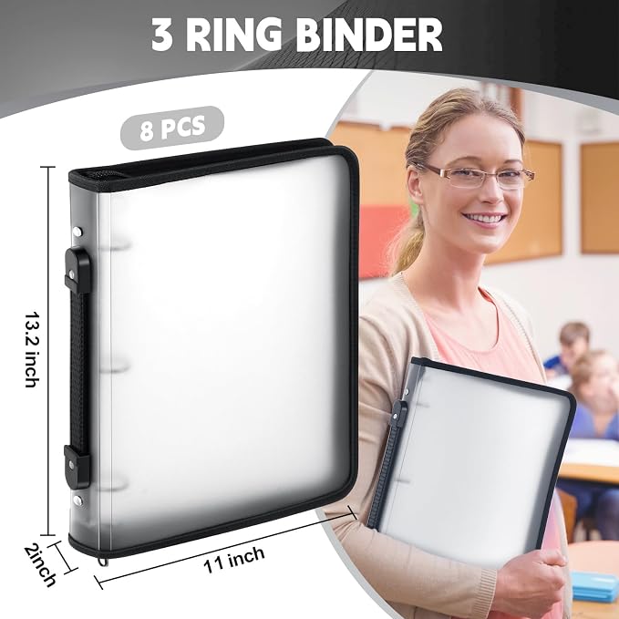 Teling 8 Pcs 2 Inch Zipper Binder 3 Ring Organizer, White | Secure Zipper Closure, Refillable 3 Ring Design, Handle Carry, Fits Letter Size Papers for School, Office and Projects
