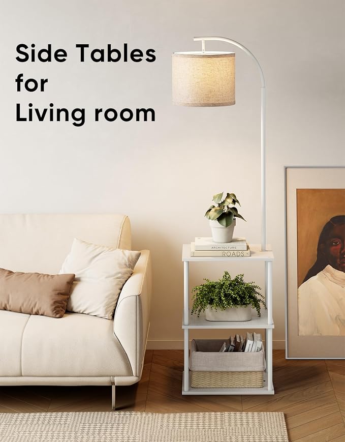 Floor Lamp with Table, Night Stand with Lamp, Narrow Side Table with 3CCT LED Bulb, Small Coffee Table, Modern End Table with Storage Shelves for Living Room Bedroom Home Décor, White
