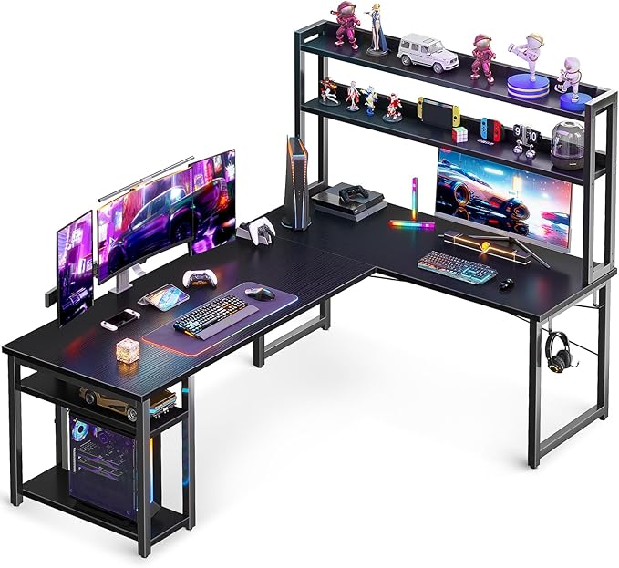 ODK L Shaped Gaming Desk with Hutch, Computer Desk with Storage Shelves, 66" L Shaped Desk for Home Office, Corner Desk with Headphone Hook, Black | Computer Desk with Storage Shelves, L Shaped Desk for Home Office, Black Corner Desk