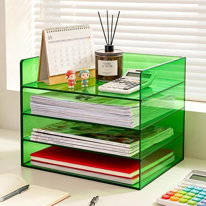 Gelite Acrylic File Organizer for Desk 4 Tiered Stackable Letter Tray Office Paper Storage Desktop Document Sorter, Emerald Green