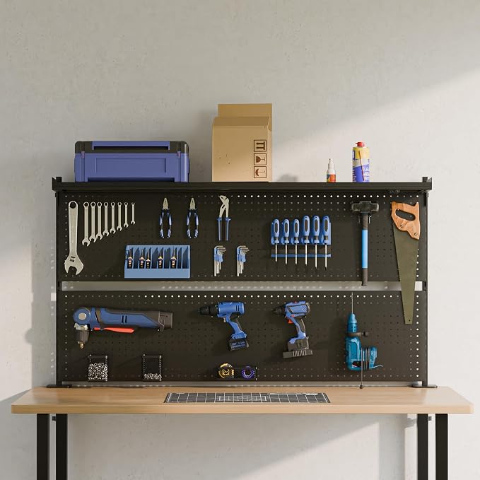 EUREKA ERGONOMIC Desk Pegboard Dual Monitor Stand 59x34 Black | Large steel pegboard with dual monitor stands, LED lighting, privacy panel and modular accessories for gaming desks