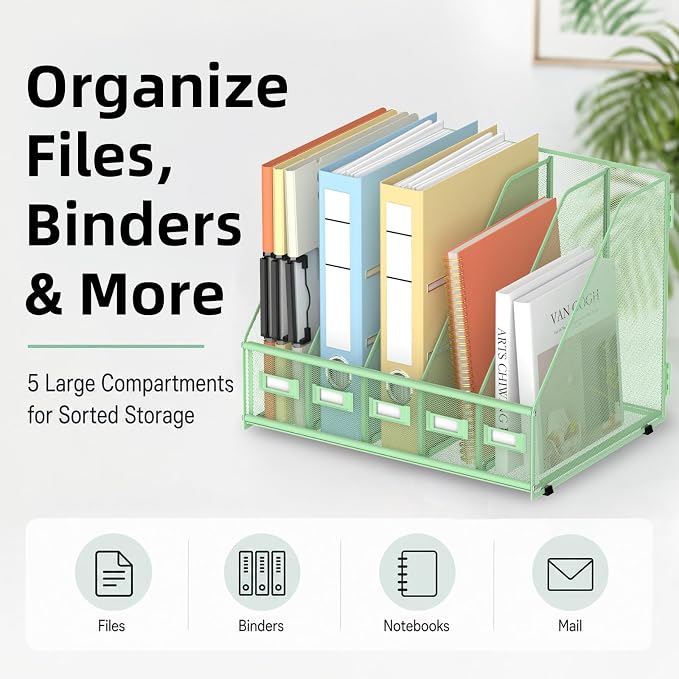 Desk Organizers Metal Desk Magazine File Holder with 5 Vertical Compartments Rack File Organizer for Office Desktop, Classroom, Home Workspace, Green, Plus