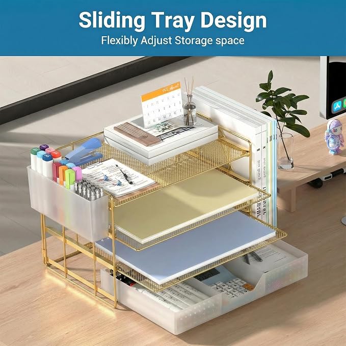 ECOLOVI Desk Organizer, 4-Tier Paper Organizer Letter Tray with File Holder, Drawer and 2 Pen Holders, Desktop File Organizer for Office Supplies, Workspace Storage, Gold