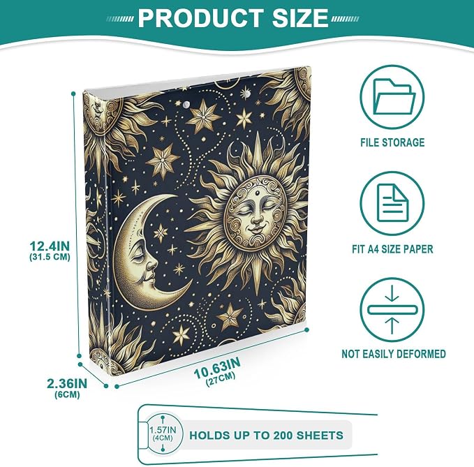 3 Ring Binder, Golden Sun Moon Stars Boho File Folder Holds 200 Sheets File Storage for Women Men School Office Supplie