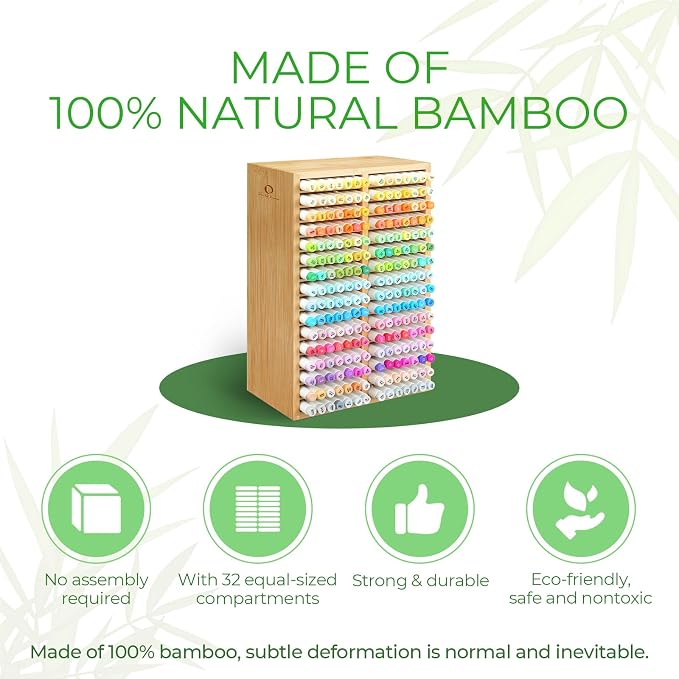 Ohuhu Bamboo Marker Organizer Hold 224 Markers for Honolulu Oahu Series | Markers Pens Pencils Stationary Organizer Holder Desktop Storage with 32 Compartments for Classroom Office Decor Home