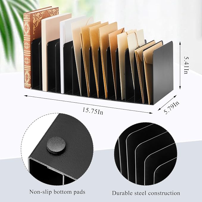 Suzile Metal Desktop File Organizer, 15 Compartments, Vertical File Sorter, Black, 5.79 W x 15.75 L x 5.41 H, Office, Reception Areas, Workspace