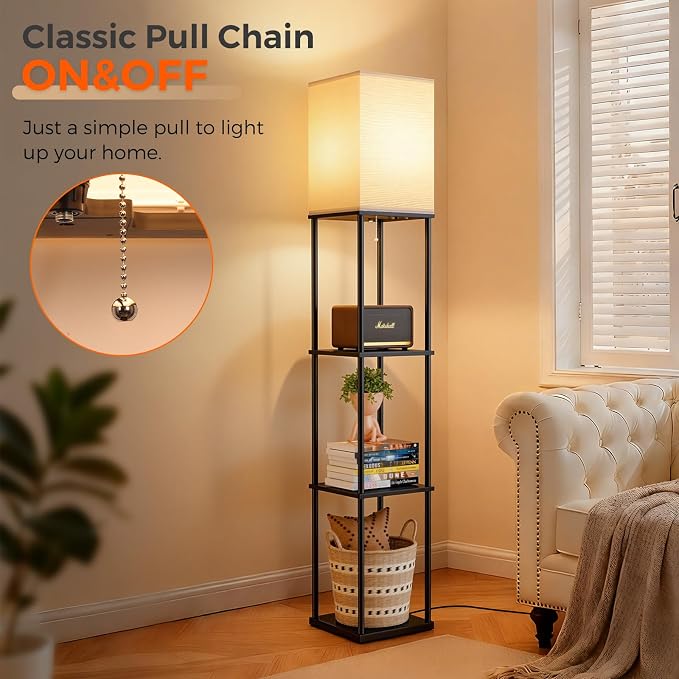 2-Pack Floor Lamp with Shelves, 3-Tier Square Bookshelf Standing Lamp | 3 Color Temperature Bulb Included, Pull Chain Square Tall Lamp for Living Room Bedroom Corner Office Apartment Decor