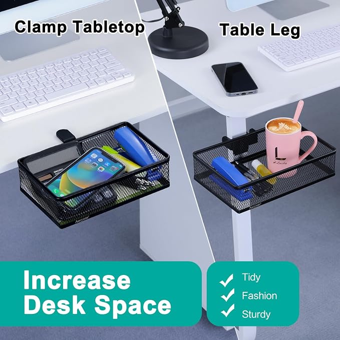 Under Desk Drawer, Clamp on Desk Organizer Under Table Hanging Desk Storage | 2 ways to clamp on: desk side or leg. Under desk organizer, clamp on desk drawer, basket hanging under table shelf, no-drill