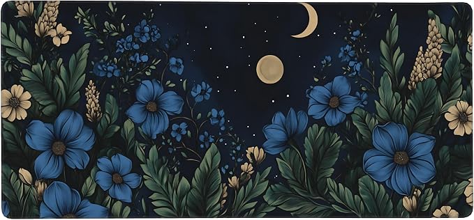 Floral Aesthetic Cosmos Gaming Mouse Pad, Black Blue Vintage Botanical Desk Mat with Anti-Slip Base & Stitched Edges,35.4" x 15.7" in Table Mat for Computer Desktop, Beautiful Workstation Decor
