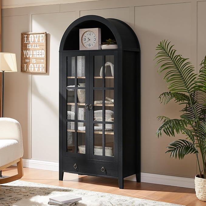 RowyPoey 71" Tall Arched Cabinet Bookshelf with Glass Door & Storage Drawer | Modern Farmhouse Display Cabinet,Adjustable Shelves,Wood Bookshelf,Kitchen Pantry for Dining Room,Living Room,Office,Black