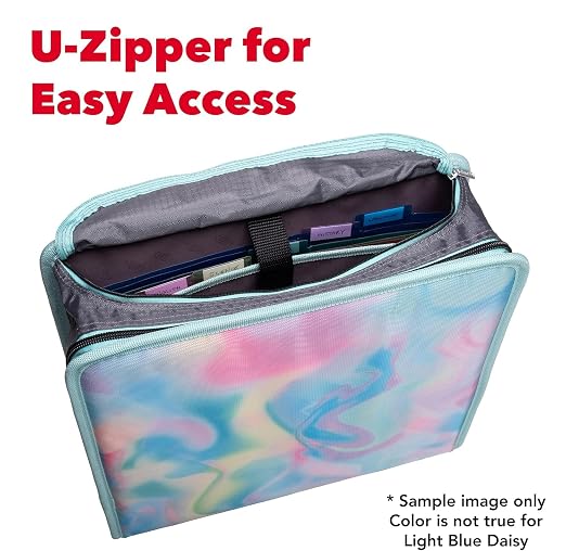 Case-it Mighty Zip Tab School Binder w/ 3-Inch O-Rings - 600-Sheet Capacity, 5-Subject Expanding File, Multiple Storage Pockets & Shoulder Strap, D-146 Light Blue Daisy (Pack of 6)