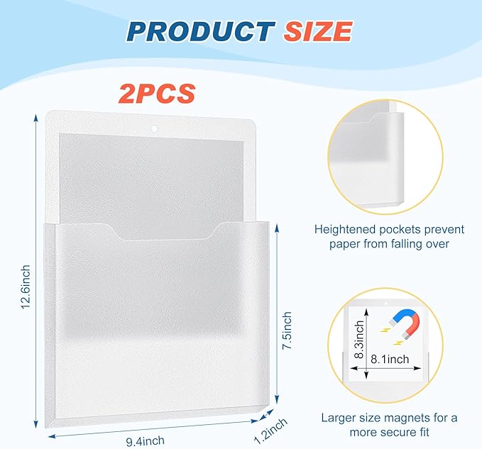 Feifeiya 2 Pcs Magnetic File Folder Wall Hanging Holder Large Pocket Paper Magazine Mail Organizer for Refrigerator Classroom Locker Whiteboard(Vertical,Clear Color,12.2 x 9.4 Inches)