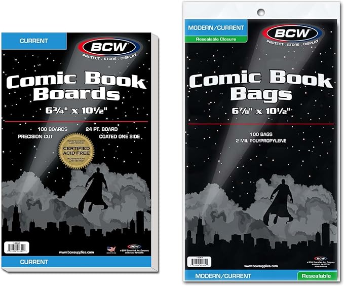 BCW Resealable Current Comic Bags and Boards Combo, 100 Count Each | Protect current comics with 100 acid-free resealable bags and 100 rigid backing boards for storage, display, and transport.