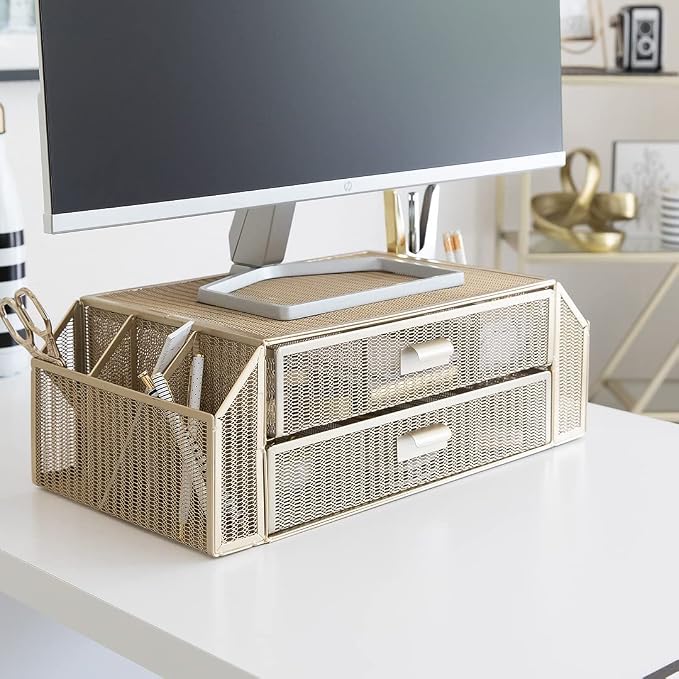 BLU MONACO | Monitor Stand with Drawer Storage | Desk Top Monitor Stand Riser Gold | Computer Support Organizer Elevador de Monitor