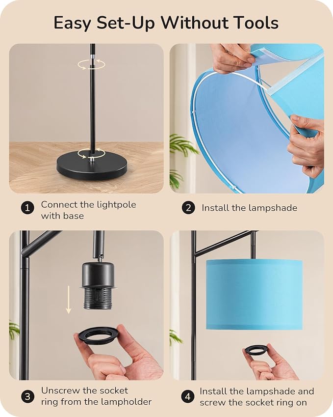 EDISHINE Blue Floor Lamps for Living Room, 64.7" Modern Standing Lamp | 3 Color Temperatures, Bulb Included, Adjustable Linen Shade, Foot Switch, Weighted Base, Tall Light for Office, Bedroom