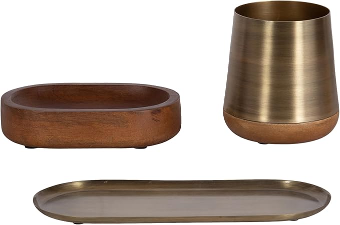Kate and Laurel Koni Modern Three-Piece Tabletop Organization Set, 12 x 5 x 5, Walnut Brown and Antique Brass, Wood and Metal Organizational Set for Home Office or Entryway Decor