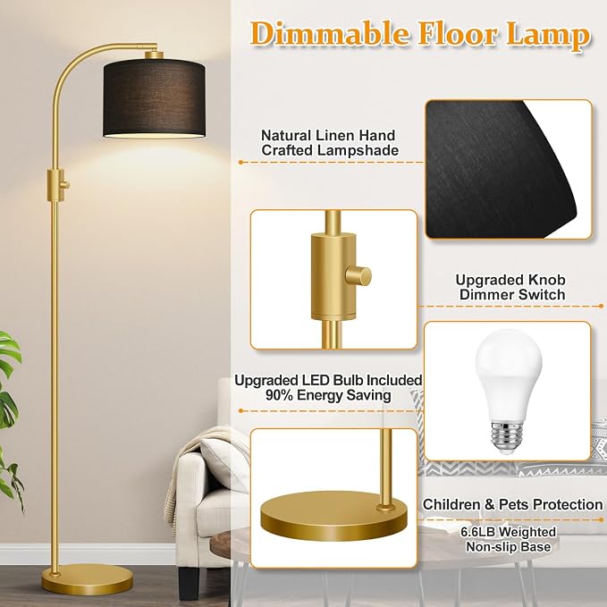 Nintiue Upgraded Modern Arc Dimmable Tall Standing Floor Lamp with Black Shade, 1200 Lumens LED Bulb Included, for Living & Reading Room, Bedroom, Office & Nursery, Gold