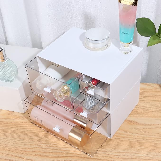Stackable Storage Drawers, Office Desk Organizer with 4 Mix Drawers | White, Plastic Mini Desktop Storage Box, Tabletop Small Craft Drawer for Office Supplies, Makeup Desk Organizer and Accessory