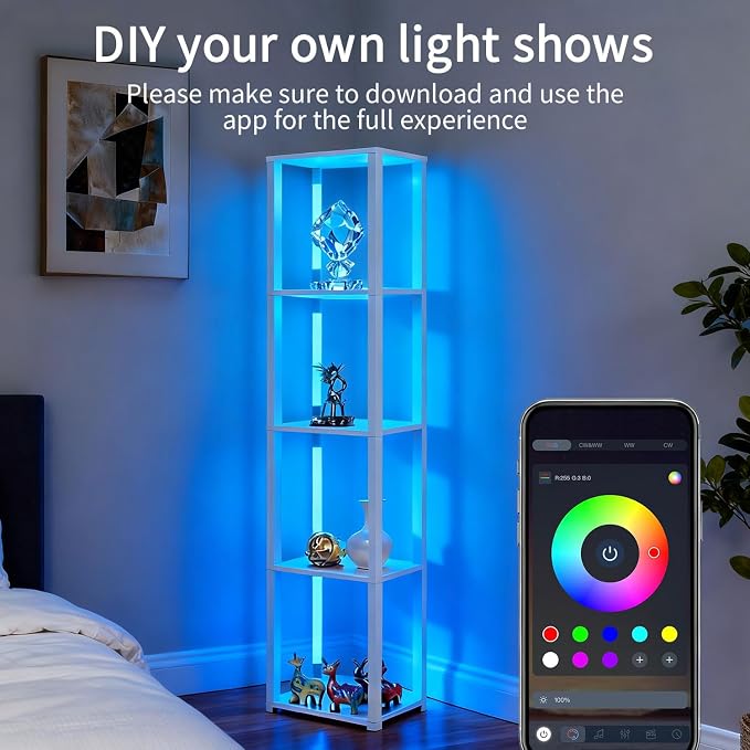 RGBCW Floor Lamp with Shelves, LED Smart Modern Floor Lamp with Music Sync, Color Changing Corner Display Shelf Lamp, Standing Lamp with Shelves for Living Room and Bedroom, Office, White