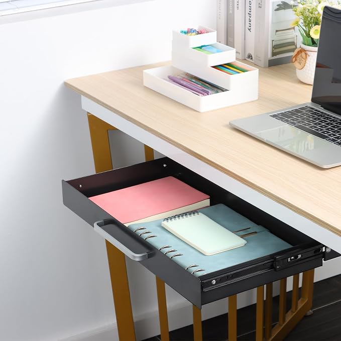 Under Desk Drawer 21" with 4 Divider Trays, Storage Drawer Organizer | Black, Under Counter, Desk Accessory, Attachable for Workbench, Adjustable Brackets, for Desk Lip with Crossbar, Clamp Mount