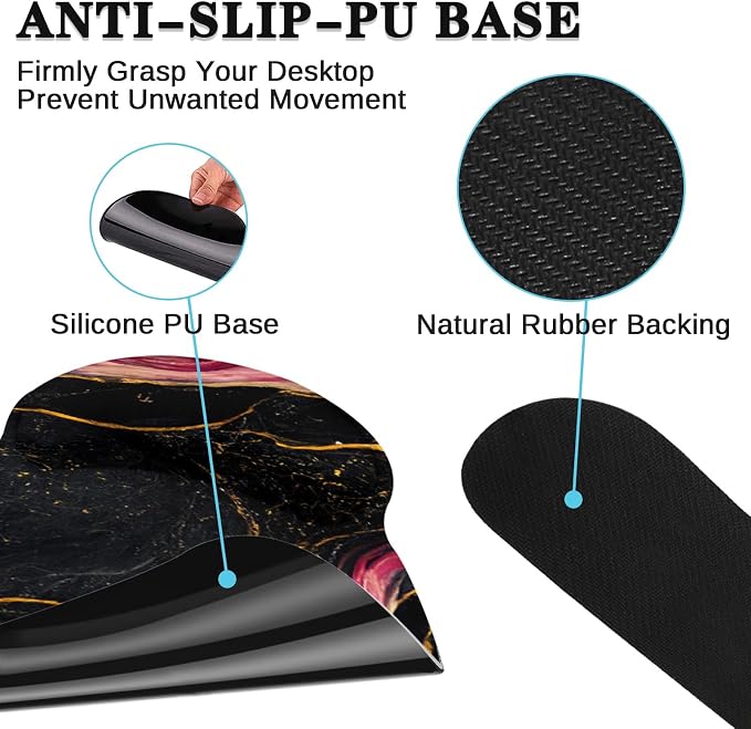 Keyboard Mouse Pad Set, 4 in 1 Desk Mat Set, Pink Black Marble | Gold Large Mousepad+Keyboard Wrist Rest+Mouse Wrist Rest+Coaster Ergonomic Design for Home Office Computer